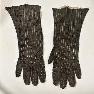 Vintage perforated brown leather gloves long size 6.5